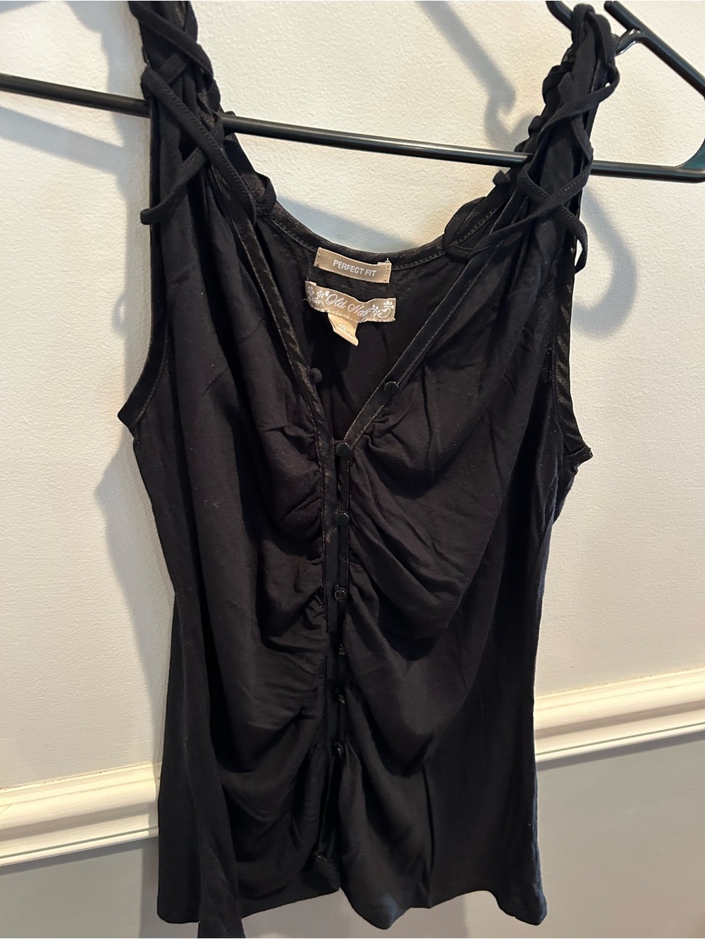 Old Navy Black Ruched Button-Front Tank with Braided Straps
